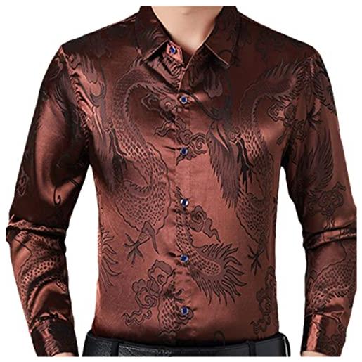 Dsimilarl vino rosso liscio seta raso camicia uomo drago cinese jacquard mens slim fit manica lunga pulsante giù abito camicie chemise