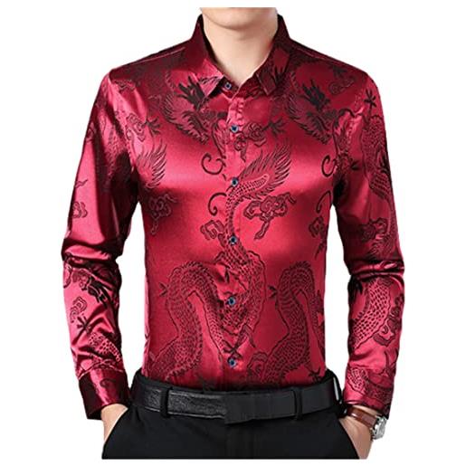 Dsimilarl vino rosso liscio seta raso camicia uomo drago cinese jacquard mens slim fit manica lunga pulsante giù abito camicie chemise