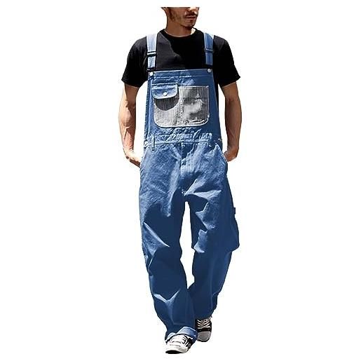 Beokeuioe salopette da uomo, pantaloni da lavoro, jeans con bretelle, tuta da uomo, gamba lunga, molte tasche, jeans da uomo, taglio largo, salopette da uomo, in denim, streetwear, blu, 3xl