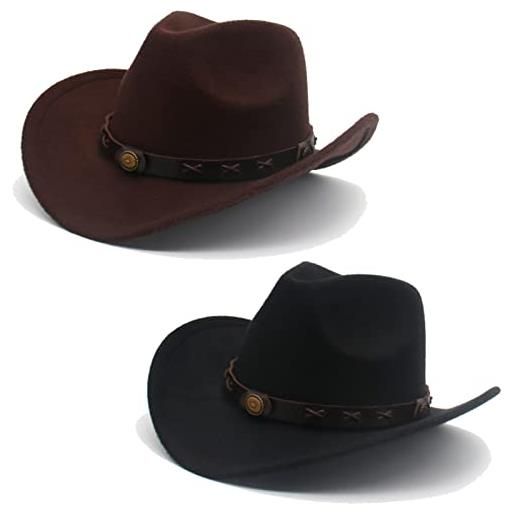 Faringoto cappello da cowboy classico in feltro a tesa larga, cappello da cowgirl occidentale, marrone e nero. , etichettalia unica