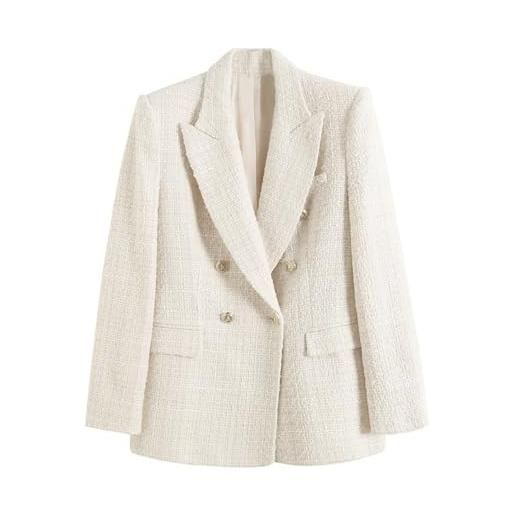 Generic giacca da donna in tweed a maniche lunghe, alla moda, casual, per lavoro, ufficio, autunno inverno (c), bianco, medium