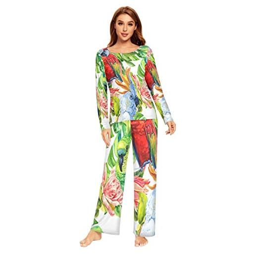 Anantty womens pigiama set colorato uccello pappagallo pj set manica lunga top pantaloni lunghi 2 pezzi loungewear pigiameria da notte, multicolore, l