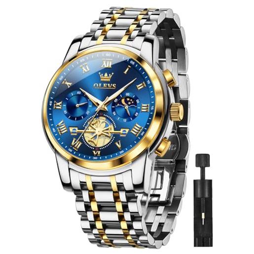 OLEVS orologio da uomo cronografo in acciaio inossidabile al quarzo blu viso vestito da affari luminoso impermeabile multifunzione orologio da polso