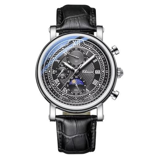 FORSINING orologio al quarzo analogico da uomo orologio da polso da uomo in pelle design fasi lunari orologi casual cronografo impermeabile, argento nero, cintura