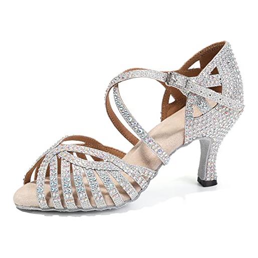 HIPPOSEUS scarpe da ballo latino americano donna con strass argento salsa bachata tango professionale scarpe da ballo tacco 7.5cm, modello l380,42 eu