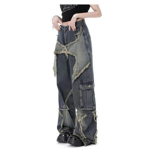 ARESU jeans vintage da donna a vita alta streetwear pantaloni larghi da donna strappati a gamba larga pantaloni in denim dritti con nappa casual stile americano-blu vintage-m