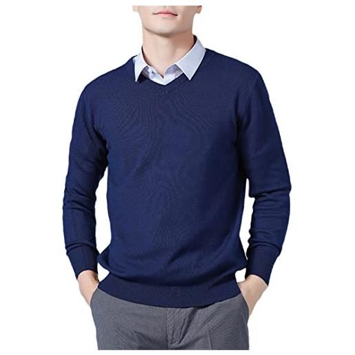 Lmtossey maglione da uomo in misto cashmere lavorato a maglia con scollo a v pullover in maglia di lana invernale primavera, vneck blu scuro, xl