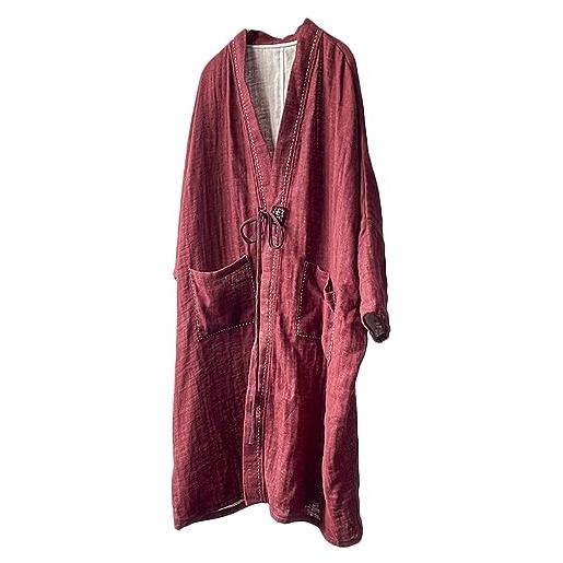 NFYM trench da donna aperto sul davanti, cardigan giacca retrò elegante tessuto cotone lino patchwork outwear, rosso, taglia unica