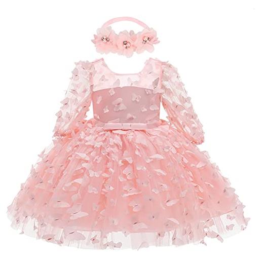 Odizli vestito da battesimo bambina a maniche lunghe 3d farfalla principessa tutù vestito in tulle+fiore fascia per compleanno, colore: rosa. , 18 mesi