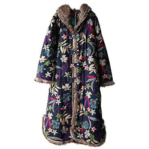 NFYM cappotto invernale trapuntato da donna con cappuccio caldo parka cappotto lungo cappotto in pelliccia sintetica, blu con fiore, taglia unica