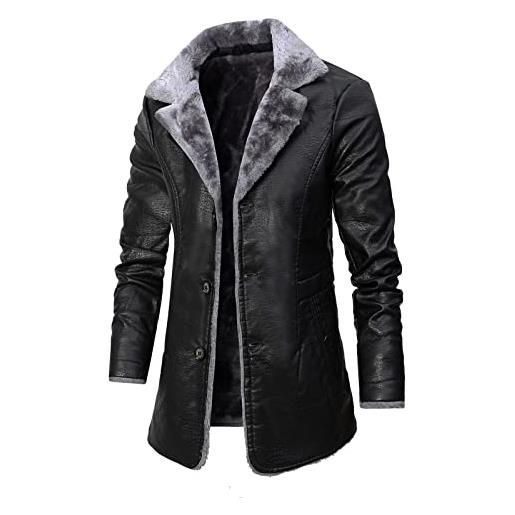 Kobilee giacca in pelle da uomo foderata lunga, invernale, calda, nero, marrone, business, vintage, in pelle, giacca invernale, nero , l