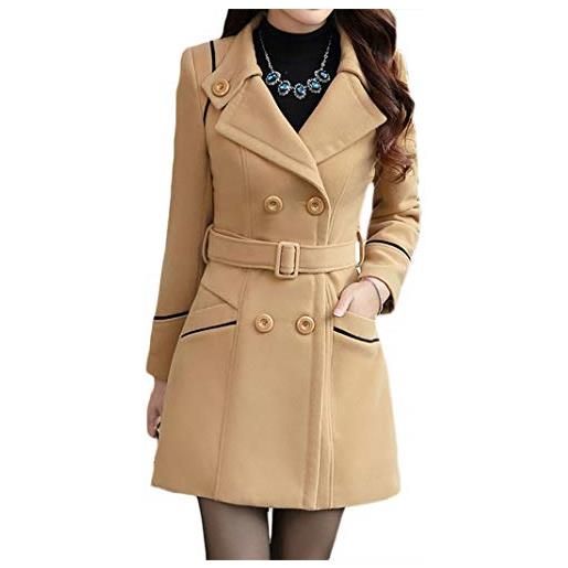 Yesgirl donna cappotto doppio petto con cintura tasche invernali da lavoro da ufficio elegante manica lunga trench antivento imbottito pesante giacca cachi s
