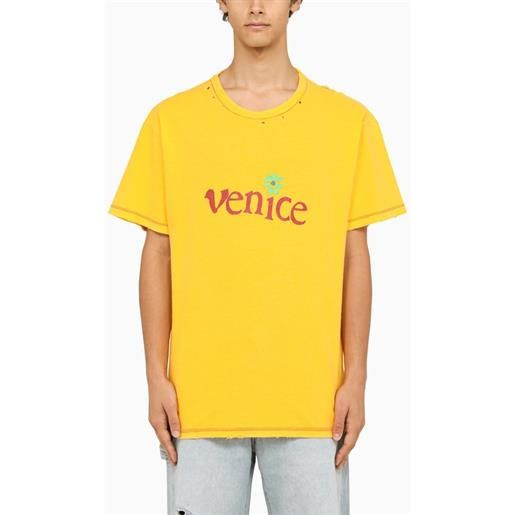 ERL t-shirt girocollo gialla con usure