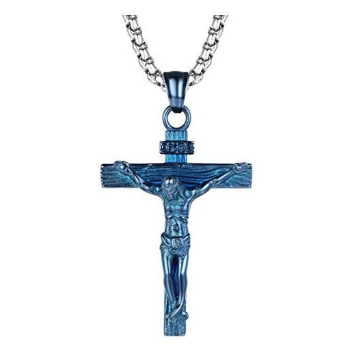 FaithHeart collana croce uomo crocifisso inri ciondolo di gesù modello retro cristo sulla croce con catena da 55+5 cm in blu retro regalo compleanno