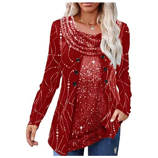 ORANDESIGNE maglietta paillettes da donna a maniche lunghe girocollo camicette casual t-shirt con paillettes maglietta lunghi shirt luccicanti impreziosita top senza spalline e rosso xxl