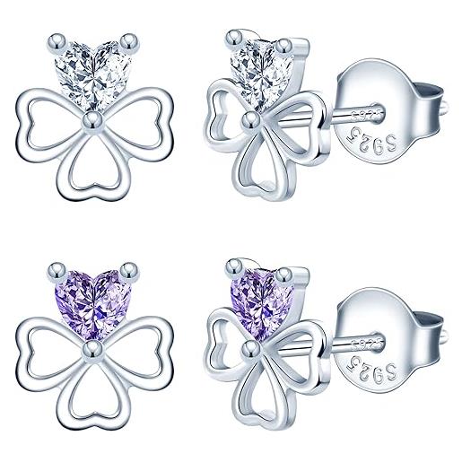 MICMIF orecchini quadrifoglio con zirconi in bianco/viola, argento 925 orecchini a bottone donna con quadrifoglio orecchino elegante ipoallergenico gioielli per donna ragazza bambini