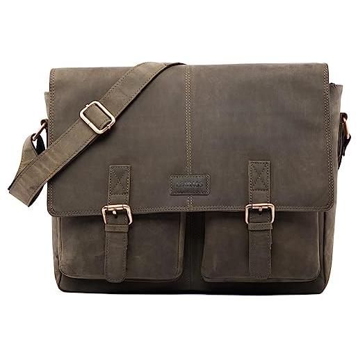 LEABAGS borsa per documenti uomo e donna | borsa per laptop in vera pelle fino a 15 | borsa a tracolla con tracolla | borsa messenger | borsa da lavoro | borsa per insegnanti | verde natura