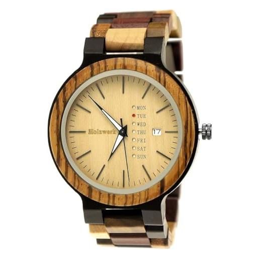 Holzwerk Germany® matrix - orologio da uomo in legno ecologico, con cinturino in legno, colore: marrone e nero, motivo zebrato, analogico, al quarzo, data e giorno della settimana, 