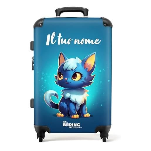 NoBoringSuitcases.com® valigia personalizzata, valigia da viaggio per bambini, 67x43x25cm - valigia per bambini, valigia a rotelle - valigia rigida a forma di gatto blu con bianco - valigia con nome