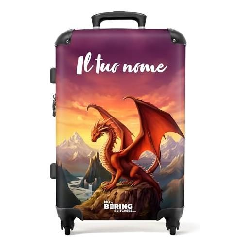 NoBoringSuitcases.com® valigia personalizzata, valigia da viaggio per bambini, 67x43x25cm - valigia per bambini, valigia con ruote - valigia rigida con drago su una montagna - valigia con nome