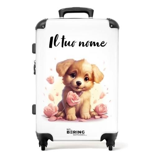 NoBoringSuitcases.com® valigia personalizzata, valigia per bambini, 67x43x25cm - valigia da viaggio per bambini, valigia a rotelle - valigia rigida a forma di cane con fiori - valigia con nome