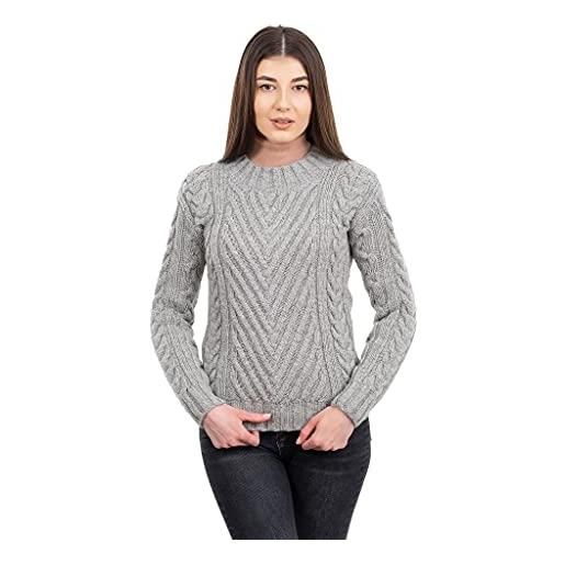 SAOL irish aran - maglione da donna, 100% lana merino, colletto a coste e maglia a filo, stile aderente, grigio, xx-large