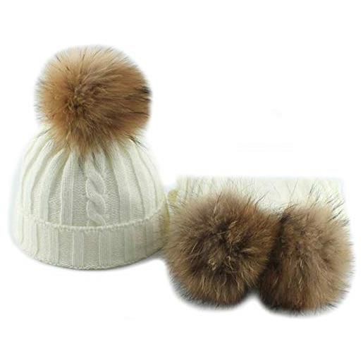Brillabenny set cappello e sciarpa pon pon bambina vera pelliccia 5-12 anni cuffia con pile interno (bianco)