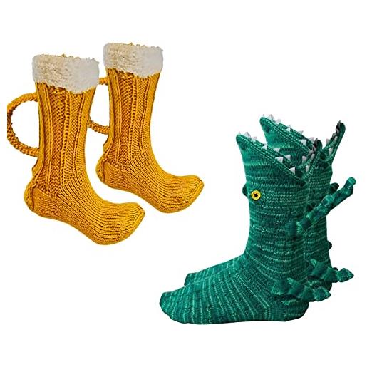 QQYG 2 calzini divertenti 3d a forma di coccodrillo e boccale di birra, calzini invernali caldi da pavimento natalizi lavorati a maglia, per donne e uomini