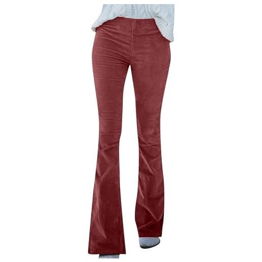 YMING pantaloni casual di colore solido delle donne bell bottom corduroy pants vintage elastic high waist pants grigio l