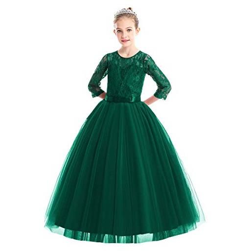 OBEEII bambina vestito principessa in pizzo manica mezza abbigliamento bambine invernale eleganti abito principessa de festa cerimonia sposa sera per ragazza verde 9-10anni