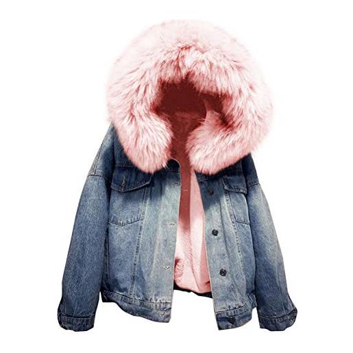 Yesgirl giacca di jeans corta casual donna manica lunga outdoor outwear giacche con cappuccio con grande collo di pelliccia morbido inverno cappotto a rosa xl