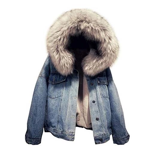 Yesgirl giacca di jeans corta casual donna manica lunga outdoor outwear giacche con cappuccio con grande collo di pelliccia morbido inverno cappotto a rosa m