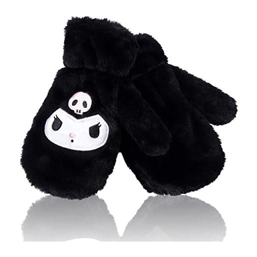 Roffatide guanto anime guanti kuromi fuzzy guanti in pile con dita piene guanti neri ricamati d'inverno