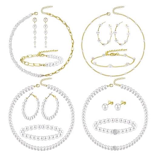 JeryWe 12pcs 4set collane di perle orecchini bracciale gioielli set per donne ragazze placcato oro set di perle finte collana di perle choker gioielli per party prom wedding festival