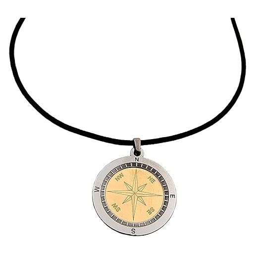 Gioielli Aurum - collana uomo in argento sterling 925 con ciondolo bussola rosa dei venti, lunghezza 45 cm, cordino cotone nero con pendente lavorazione artigianale fatta a mano