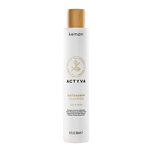 Kemon - actyva bellessere shampoo, doccia per corpo e capelli con azione vellutante con oli di argan e lino - 250 ml