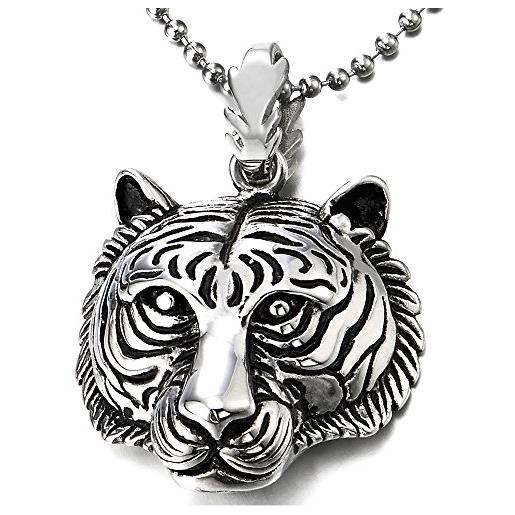 COOLSTEELANDBEYOND tigre testa collana con pendente da uomo donna, ciondolo acciaio inossidabile, palla catena 75cm