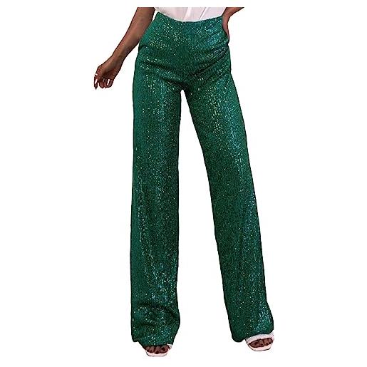 Caziffer pantaloni con paillettes da donna a vita alta glitterati bling pantaloni discoteca scintillii larghi a gamba dritta clubwear streetwear (a verde, s)