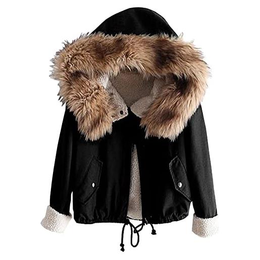ORANDESIGNE giacca donna con cappuccio giacca corto cappotto casual con tasche giacca caldo invernale cappotto con cappuccio in pelliccia parka giubbotto outdoor a nero l