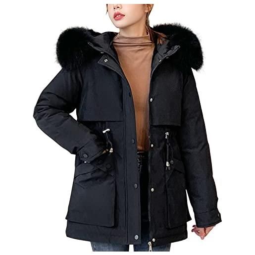 Petalum cappotto invernale da donna parka con cappuccio giacca calda foderata in pile antivento colletto finta pelliccia chiusura a zip a pressione grandi tasche, nero , 50-52