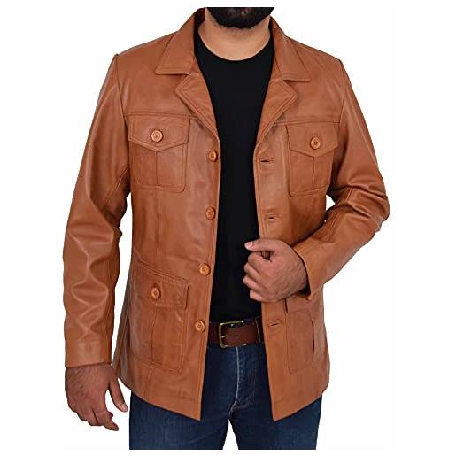 A1 FASHION GOODS giacca da uomo in pelle classica retrò anni '70 blazer hunters safari nero marrone chiaro - jim, marrone chiaro, l