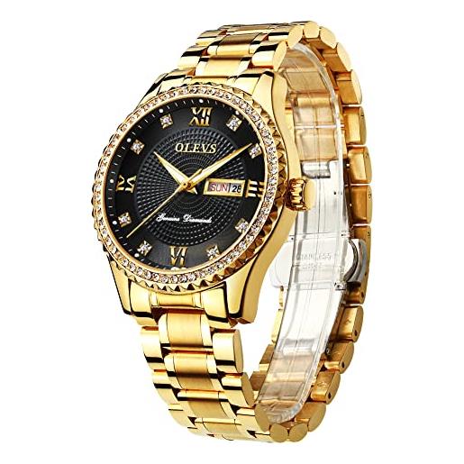 OLEVS orologi da uomo con diamanti e oro vestito di lusso in acciaio inossidabile impermeabile al quarzo orologi da polso per gli uomini con data, nero , braccialetto
