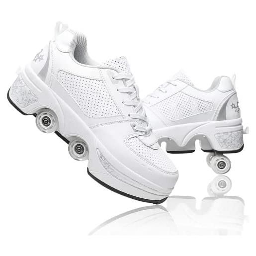 LDRFSE skate roulette ragazza sneakers roller scarpe da skateboard scarpe da ginnastica con ruote sport ginnastica moda multiuso kick roller shoe per ragazzi ragazze, bianco, 34 eu