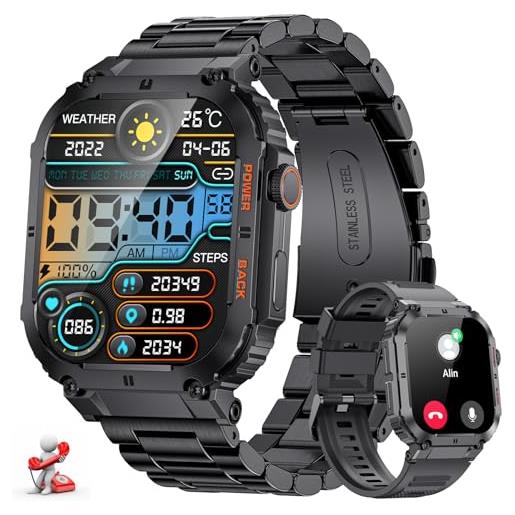 FOXBOX orologio smartwatch uomo, 1,96 smart watch con 24/7 frequenza cardiaca, pressione sanguigna, spo2, monitor del sonno per android ios, 100+ sports, ip68 impermeabile, bluetooth chiamate