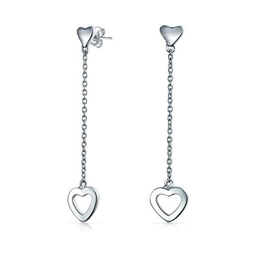 Bling Jewelry orecchini a catena semplici con cuori aperti lunghi e lineari, leggeri per donne adolescenti in argento sterling. 925