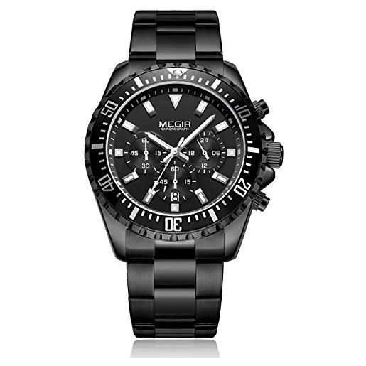 Megir orologi da uomo di lusso moda in acciaio inossidabile orologio al quarzo uomo impermeabile luminoso cronografo orologio da polso, nero , bracciale