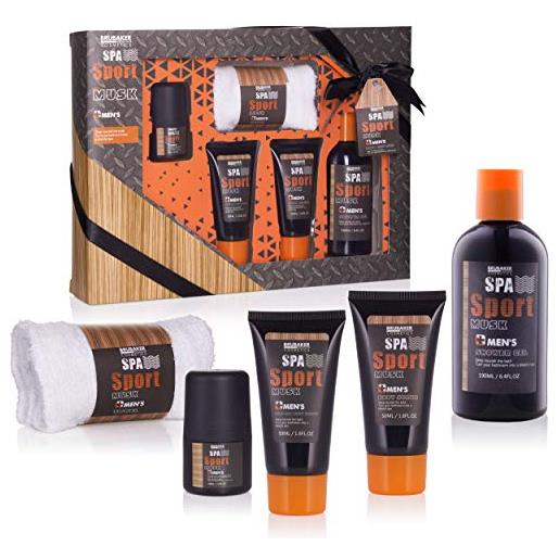 Brubaker cosmetics set regalo per uomini spa sport musk 5 parti set curativo con gel doccia, deodorante, lozione per il corpo + salvietta in confezione regalo