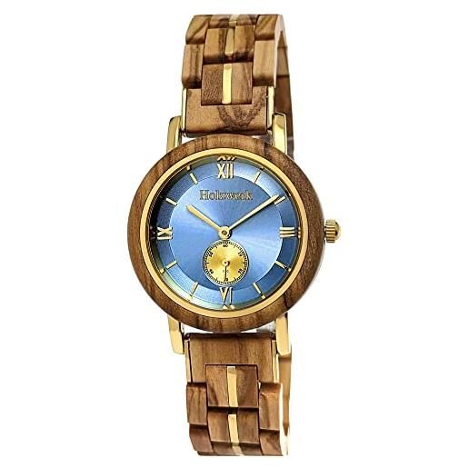 Holzwerk Germany orologio da donna di design realizzato a mano, in legno ecologico, colore: marrone, blu, in legno, analogico, numeri romani, classico, orologio al quarzo, blu e bianco. 