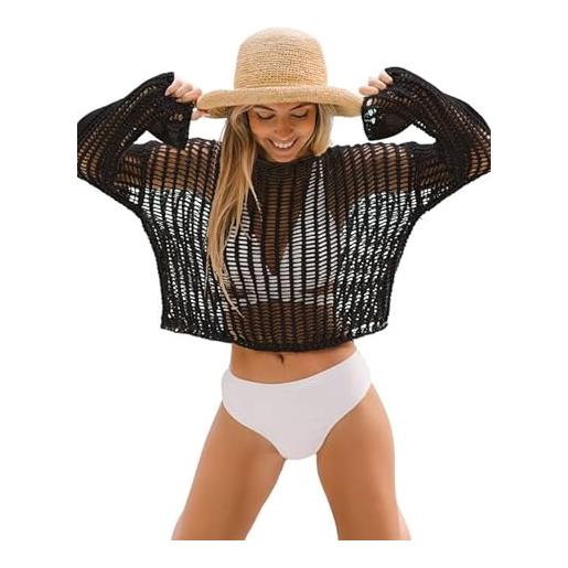 CUPSHE ritaglio da donna crochet nuotata beach cover up manica lunga pull over tunica top beachwear, nero, l