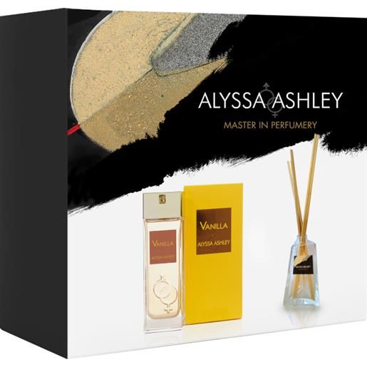 Alyssa Ashley vanilla confezione 50 ml eau de parfum + 50 ml profumatore d'amiente con bacchette